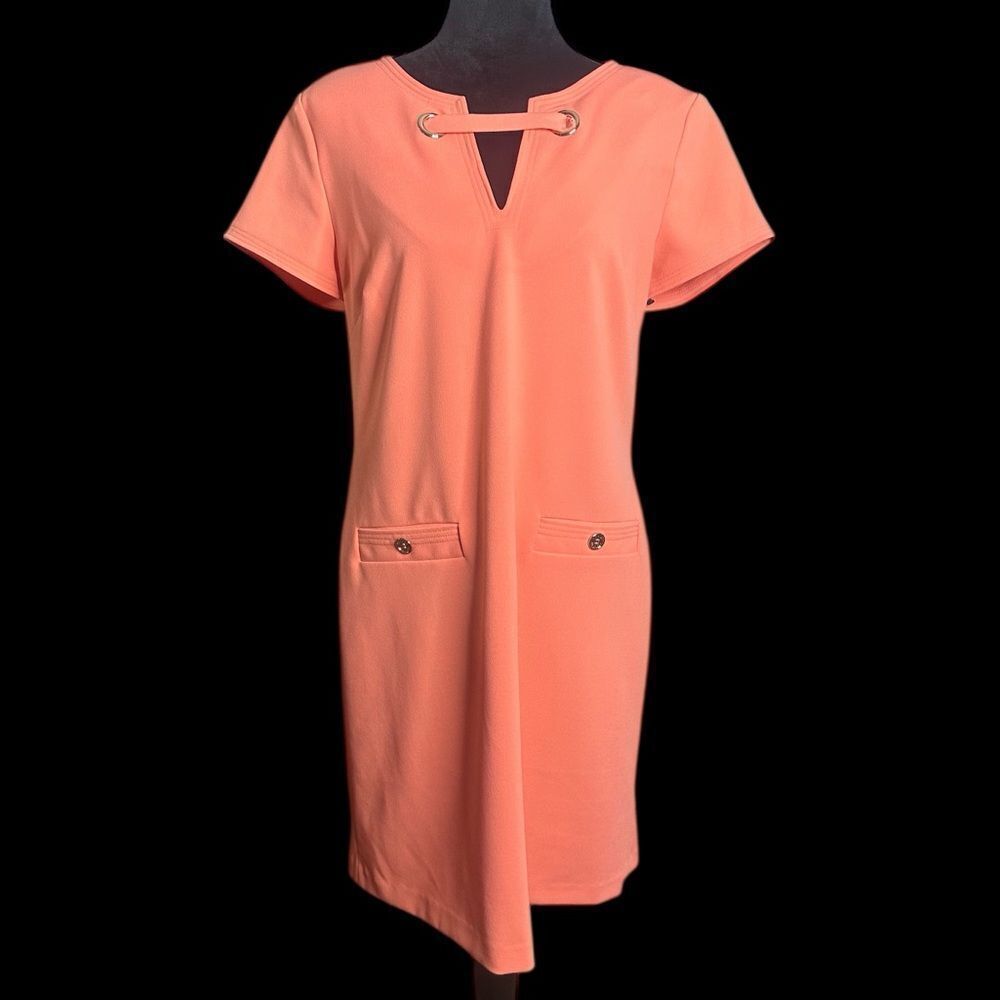 Tommy Hilfiger Scuba Crepe Grommet Top Pocket Coral Dress Womans Sz 12 MSRP $99